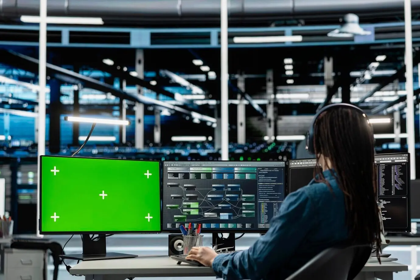 Программист в дата-центре использует компьютер с изолированным экраном для проверки оборудования.