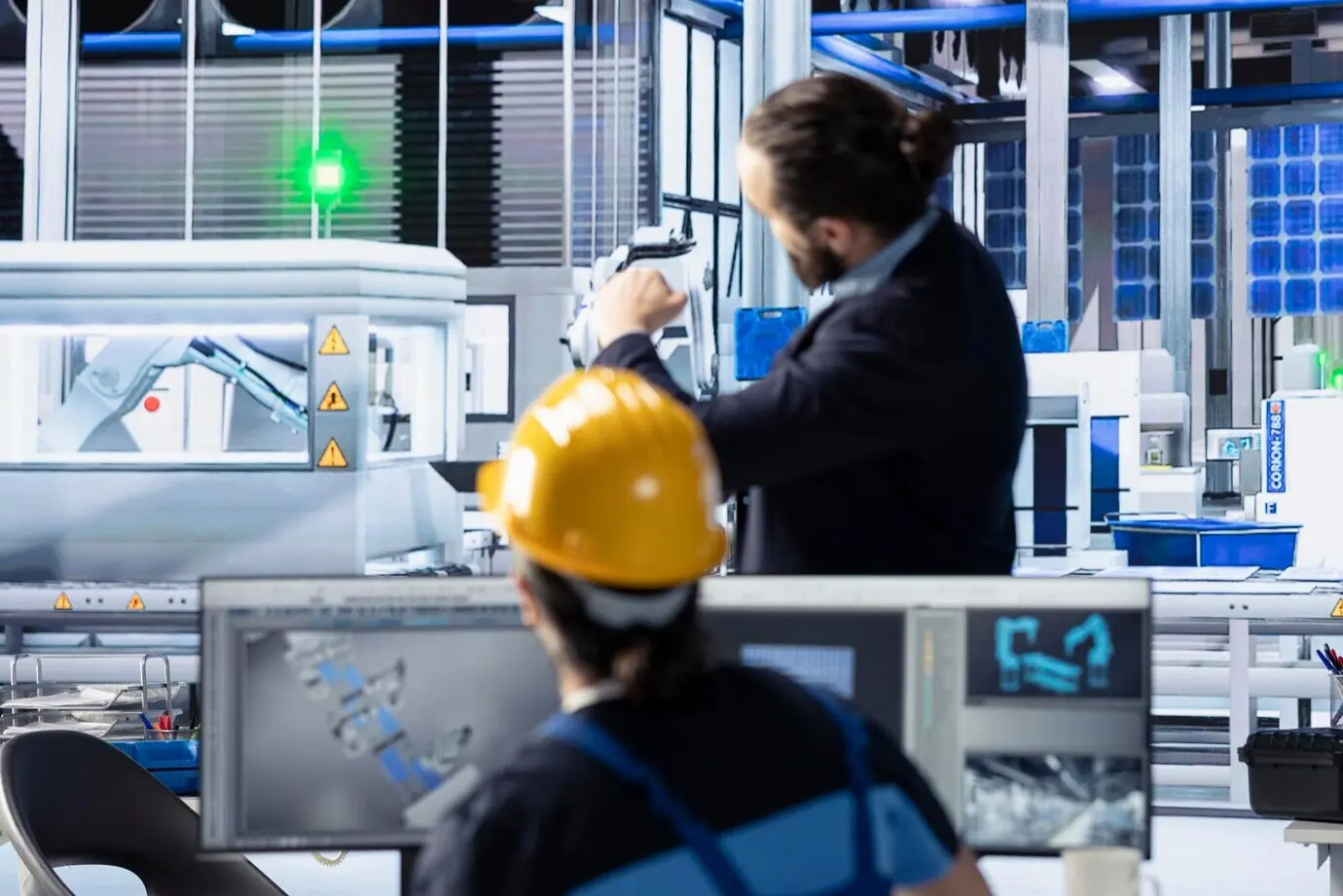 Техники фотовольтаического завода используют компьютер для оптимизации производственного потока.